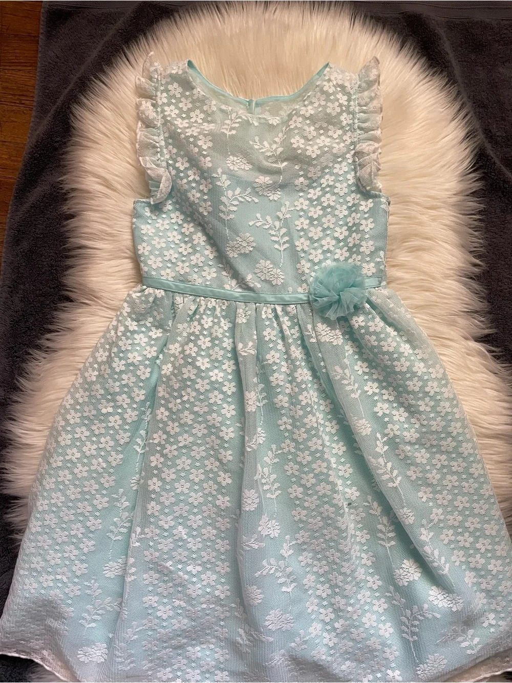 Jona Michelle Light Blue Lace-Overlay Flower Waist Dress